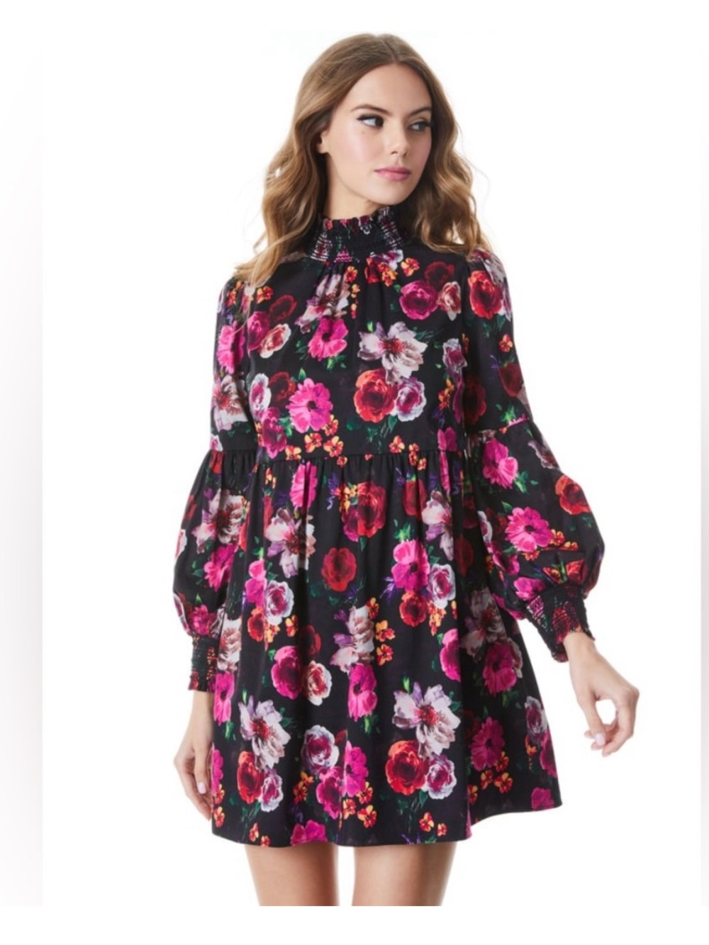 Alice + Olivia Black Floral High-Neck Puff Sleeve Dress size large